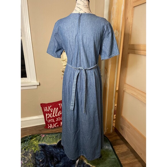 Alexandra Lee Denim Vintage Dress Rosette Embellished Pleated Barn Style - Picture 8 of 10